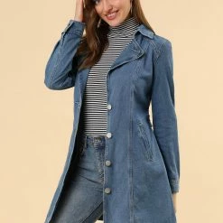Women Allegra K Notched Lapel Single Breasted Denim Trench Coat