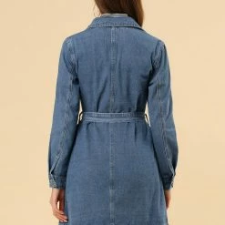Women Allegra K Notched Lapel Single Breasted Denim Trench Coat