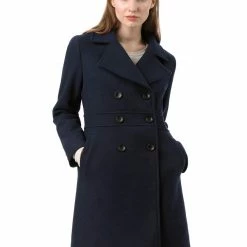 Allegra K Double Breasted Notched Lapel Mid-Length Coat