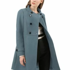 Allegra K Women's Double Breasted Stand Collar Coat With Slant Pockets