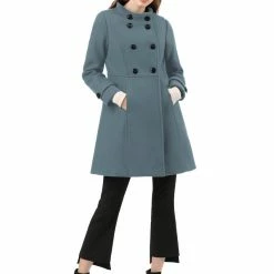 Allegra K Women's Double Breasted Stand Collar Coat With Slant Pockets