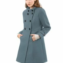 Allegra K Women's Double Breasted Stand Collar Coat With Slant Pockets