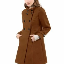 Allegra K Women's Double Breasted Stand Collar Coat With Slant Pockets