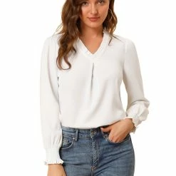 Allegra K Women's Ruffle V Neck Round Hem Blouse Long Sleeve Top