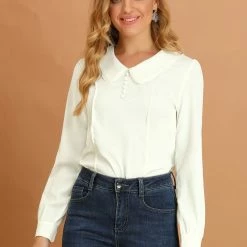 Allegra K Women's Peter Pan Collar With Crochet Trim Work Office Button Decor Chiffon Blouse
