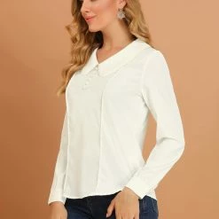 Allegra K Women's Peter Pan Collar With Crochet Trim Work Office Button Decor Chiffon Blouse