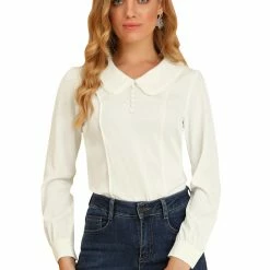 Allegra K Women's Peter Pan Collar With Crochet Trim Work Office Button Decor Chiffon Blouse