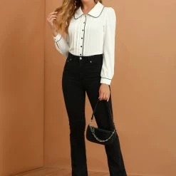 Allegra K Women's Casual Peter Pan Collar Contrast Shirt Puff Sleeve Work Blouse Tops