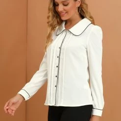 Allegra K Women's Casual Peter Pan Collar Contrast Shirt Puff Sleeve Work Blouse Tops