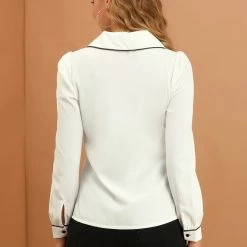 Allegra K Women's Casual Peter Pan Collar Contrast Shirt Puff Sleeve Work Blouse Tops