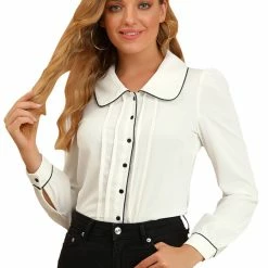 Allegra K Women's Casual Peter Pan Collar Contrast Shirt Puff Sleeve Work Blouse Tops