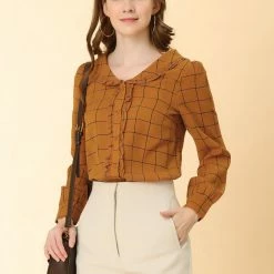 Allegra K Women's Button Front Long Sleeve Collared Ruffle Plaid Shirt Blouse