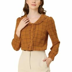 Allegra K Women's Button Front Long Sleeve Collared Ruffle Plaid Shirt Blouse