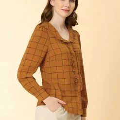 Allegra K Women's Button Front Long Sleeve Collared Ruffle Plaid Shirt Blouse
