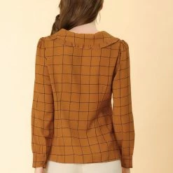 Allegra K Women's Button Front Long Sleeve Collared Ruffle Plaid Shirt Blouse