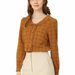 Allegra K Women's Button Front Long Sleeve Collared Ruffle Plaid Shirt Blouse