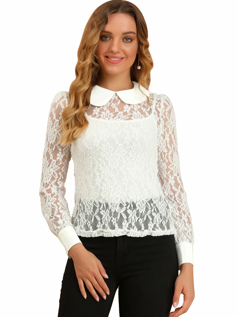 Allegra K Women's Long Sleeve Sheer Lace Blouse Peter Pan Collar Top 6 Allegra K Women's Long Sleeve Sheer Lace Blouse Peter Pan Collar Top