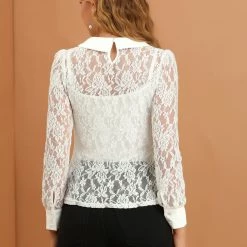Allegra K Women's Long Sleeve Sheer Lace Blouse Peter Pan Collar Top 14 Allegra K Women's Long Sleeve Sheer Lace Blouse Peter Pan Collar Top
