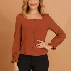 Allegra K Women's Square Neck Elegant Blouse Elastic Cuff Long Puff Sleeves Tops