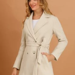 Allegra K Women's Faux Fur Collar Coat Double Breasted Belted Winter Overcoat