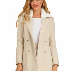 Allegra K Women's Faux Fur Collar Coat Double Breasted Belted Winter Overcoat