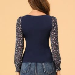 Allegra K Women's Ditsy Floral Print Sweetheart Neck Chiffon Sleeve T Shirt Tops