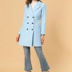Women Allegra K Double Breasted Notched Lapel Winter Long Coat
