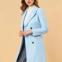 Women Allegra K Double Breasted Notched Lapel Winter Long Coat