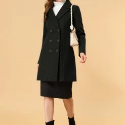 Women Allegra K Double Breasted Notched Lapel Winter Long Coat