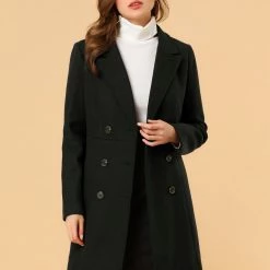 Women Allegra K Double Breasted Notched Lapel Winter Long Coat