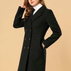 Women Allegra K Double Breasted Notched Lapel Winter Long Coat