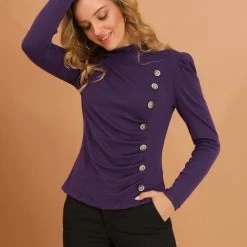 Allegra K Women's Mock Neck Puff Long Sleeve Solid Color Buttons Decor Ruched Top