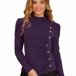 Allegra K Women's Mock Neck Puff Long Sleeve Solid Color Buttons Decor Ruched Top