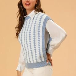 Allegra K Women's Argyle Sweater Vest Uniform Round Neck Sleeveless Pullover Knitwear Top