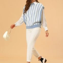 Allegra K Women's Argyle Sweater Vest Uniform Round Neck Sleeveless Pullover Knitwear Top