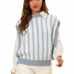 Allegra K Women's Argyle Sweater Vest Uniform Round Neck Sleeveless Pullover Knitwear Top