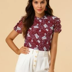 Allegra K Women's Ruffle Neck Tops Frill Trim Short Sleeve Chiffon Floral Print Blouse
