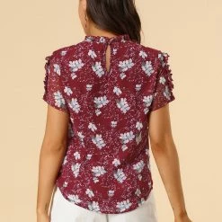 Allegra K Women's Ruffle Neck Tops Frill Trim Short Sleeve Chiffon Floral Print Blouse