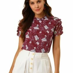 Allegra K Women's Ruffle Neck Tops Frill Trim Short Sleeve Chiffon Floral Print Blouse