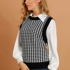 Allegra K Women's Round Neck Vest Sleeveless Houndstooth Plaid Knitted Sweater