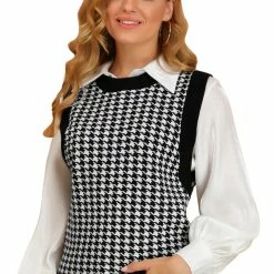 Allegra K Women's Round Neck Vest Sleeveless Houndstooth Plaid Knitted Sweater