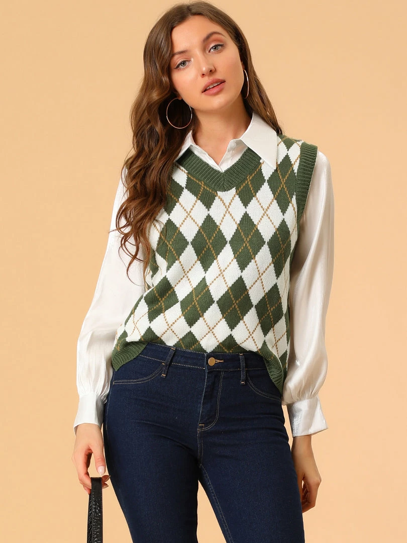 Allegra K Women's Plaid Check Knit Argyle Sweater Sleeveless Vest 11 Allegra K Women's Plaid Check Knit Argyle Sweater Sleeveless Vest