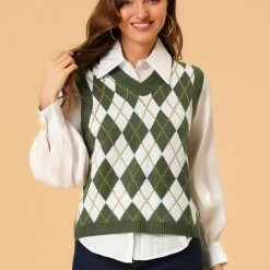 Allegra K Women's Plaid Check Knit Argyle Sweater Sleeveless Vest 30 Allegra K Women's Plaid Check Knit Argyle Sweater Sleeveless Vest