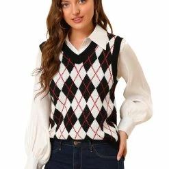 Allegra K Women's Plaid Check Knit Argyle Sweater Sleeveless Vest 34 Allegra K Women's Plaid Check Knit Argyle Sweater Sleeveless Vest