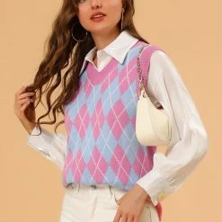 Allegra K Women's Plaid Check Knit Argyle Sweater Sleeveless Vest 23 Allegra K Women's Plaid Check Knit Argyle Sweater Sleeveless Vest