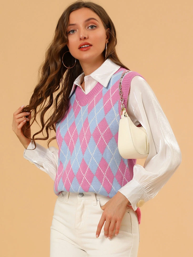 Allegra K Women's Plaid Check Knit Argyle Sweater Sleeveless Vest 5 Allegra K Women's Plaid Check Knit Argyle Sweater Sleeveless Vest