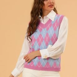Allegra K Women's Plaid Check Knit Argyle Sweater Sleeveless Vest 24 Allegra K Women's Plaid Check Knit Argyle Sweater Sleeveless Vest