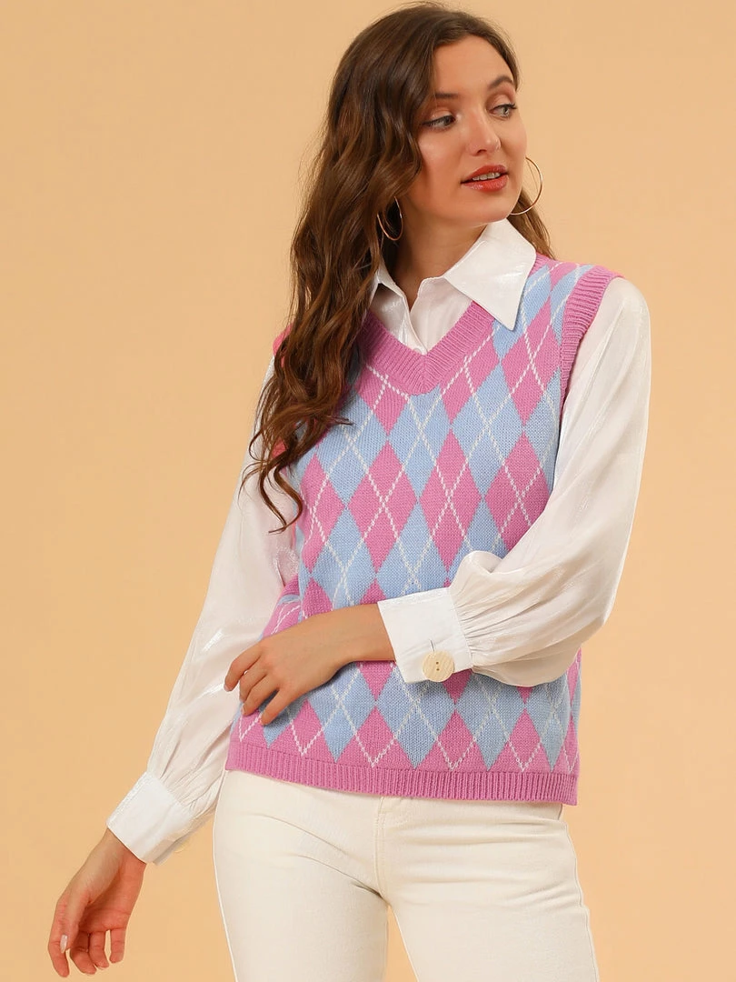 Allegra K Women's Plaid Check Knit Argyle Sweater Sleeveless Vest 6 Allegra K Women's Plaid Check Knit Argyle Sweater Sleeveless Vest