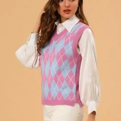 Allegra K Women's Plaid Check Knit Argyle Sweater Sleeveless Vest 25 Allegra K Women's Plaid Check Knit Argyle Sweater Sleeveless Vest
