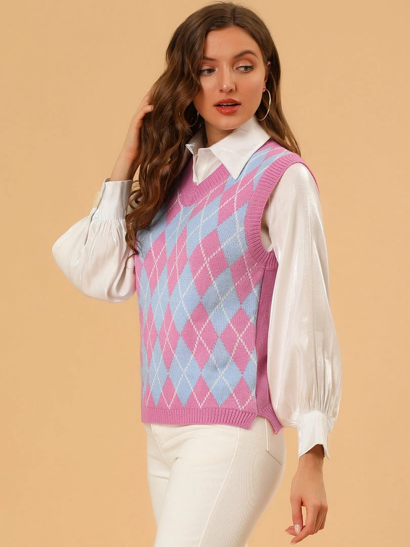 Allegra K Women's Plaid Check Knit Argyle Sweater Sleeveless Vest 7 Allegra K Women's Plaid Check Knit Argyle Sweater Sleeveless Vest